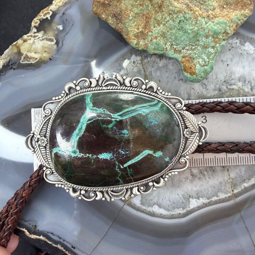 Sterling Southwestern Style Oval Large Chrysocolla Bolo Tie For Men - Picture 10 of 10